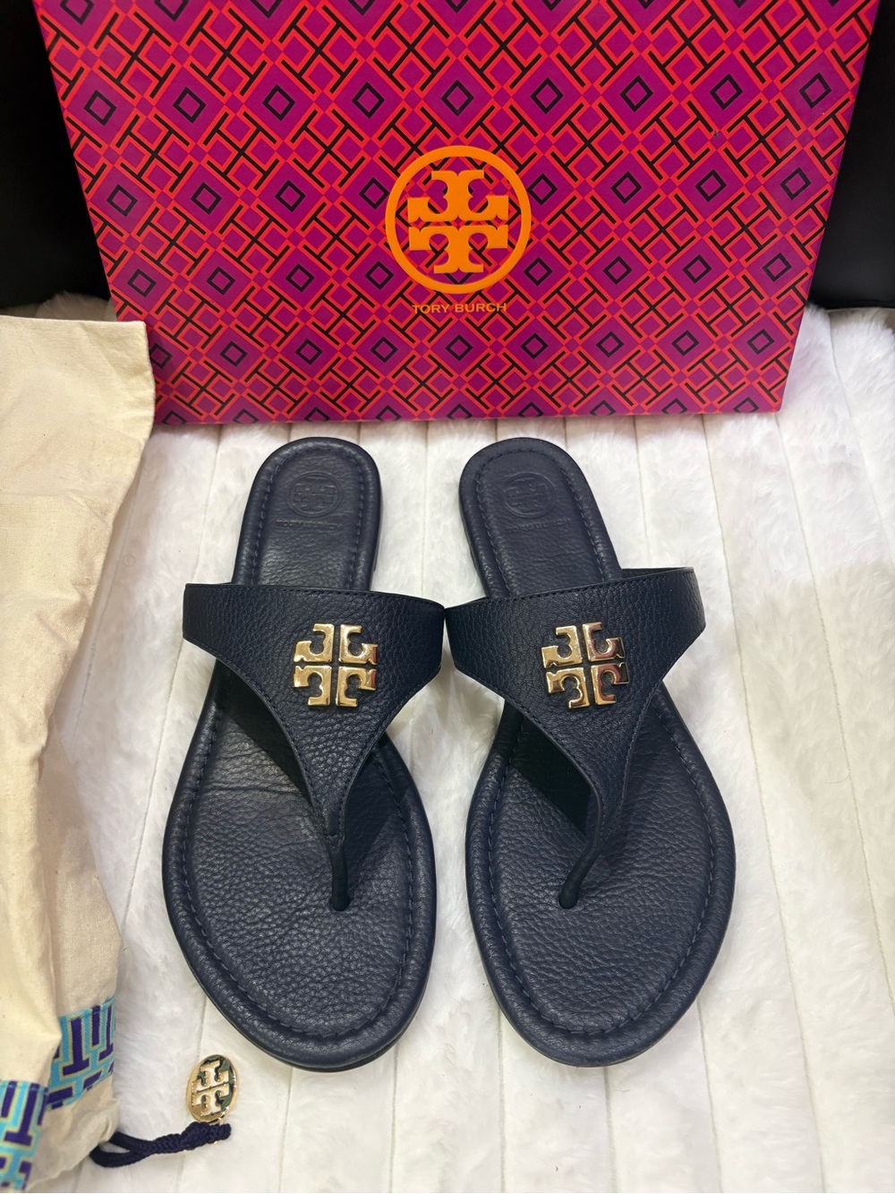 Tory Burch Navy Leather Thong Sandals with Gold Logo